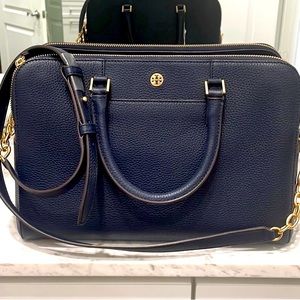 Tory Burch Georgia pebbled double zip satchel royal navy